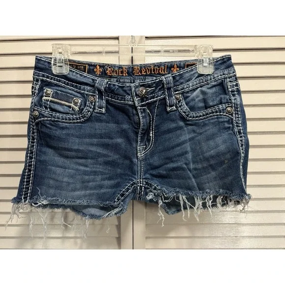 Rock Revival Cut Off Booty Denim Jean Short Size 28 Embroidered/Studs Low Rise - Picture 1 of 8